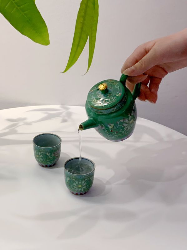Green Cloisonn&eacute; Enamel Tea Set &ndash; Luxury Corporate Door Gift Singapore | Premium Corporate Hamper | ESG Eco Corporate Gift for CNY, Deepavali & Christmas