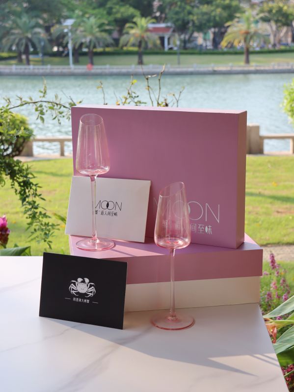  Elegant Pink Swan-Neck Wine Glass Gift Box with Golden Autumn Crab Voucher for Corporate Clients in Singapore & Malaysia