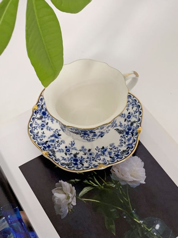 Blue-and-White Gold-Rim Coffee Cup Set